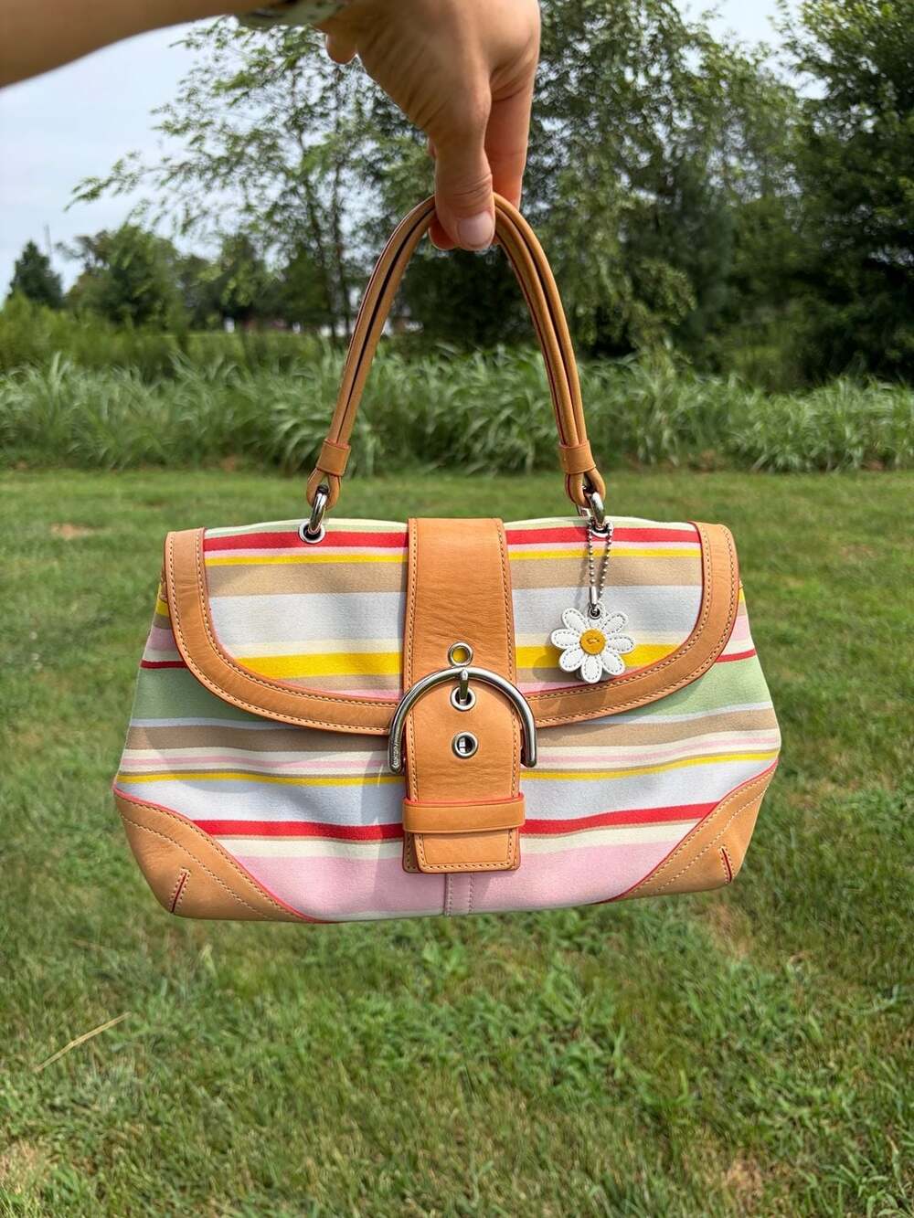 Coach Multi-Color Stripe Canvas and Tan Leather Satchel with Flower Charm